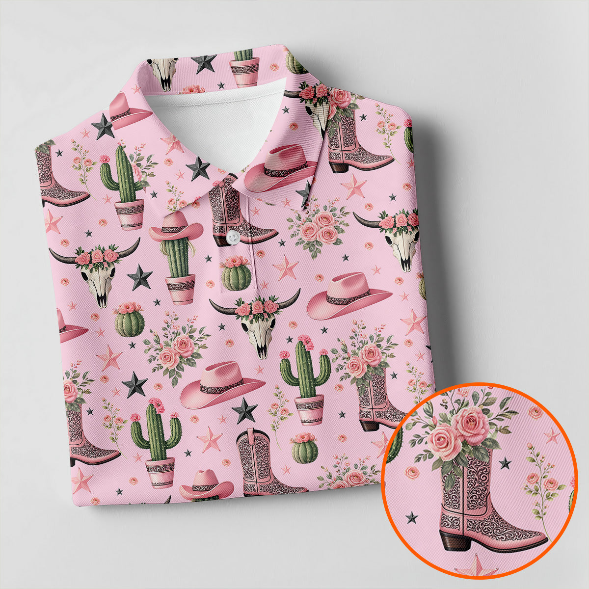 Pink Western Boots Roses Cactus Pattern Hawaiian Golf Shirt, Printed Golf Shirts, Mens Golf Apparel