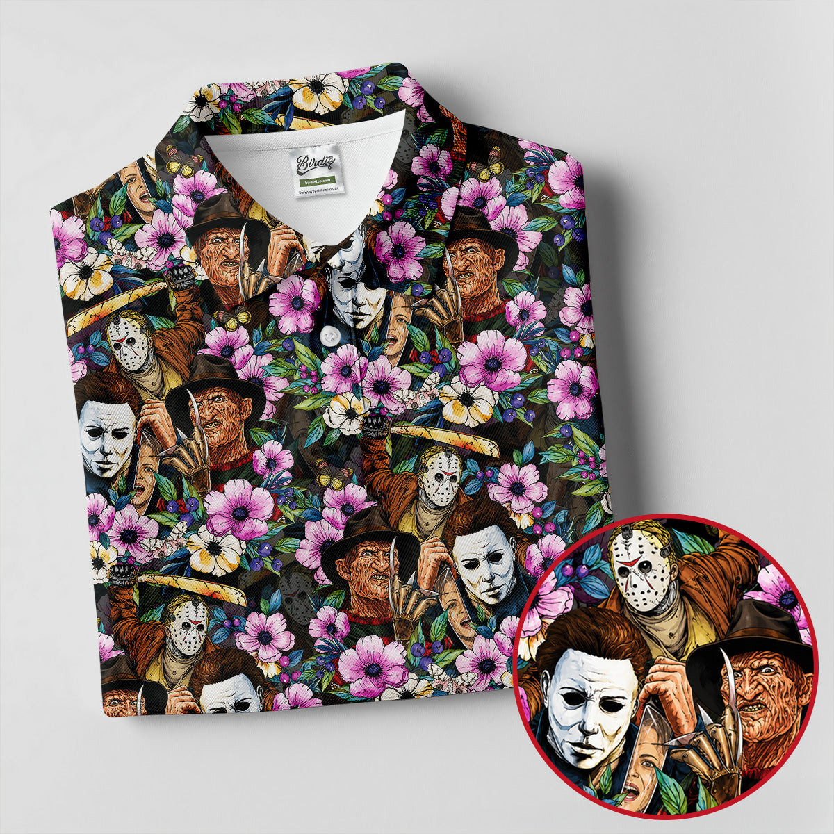 Floral Horror Character Halloween Golf Polo Shirt, Horror Movie Shirt, Women's Golf Polo