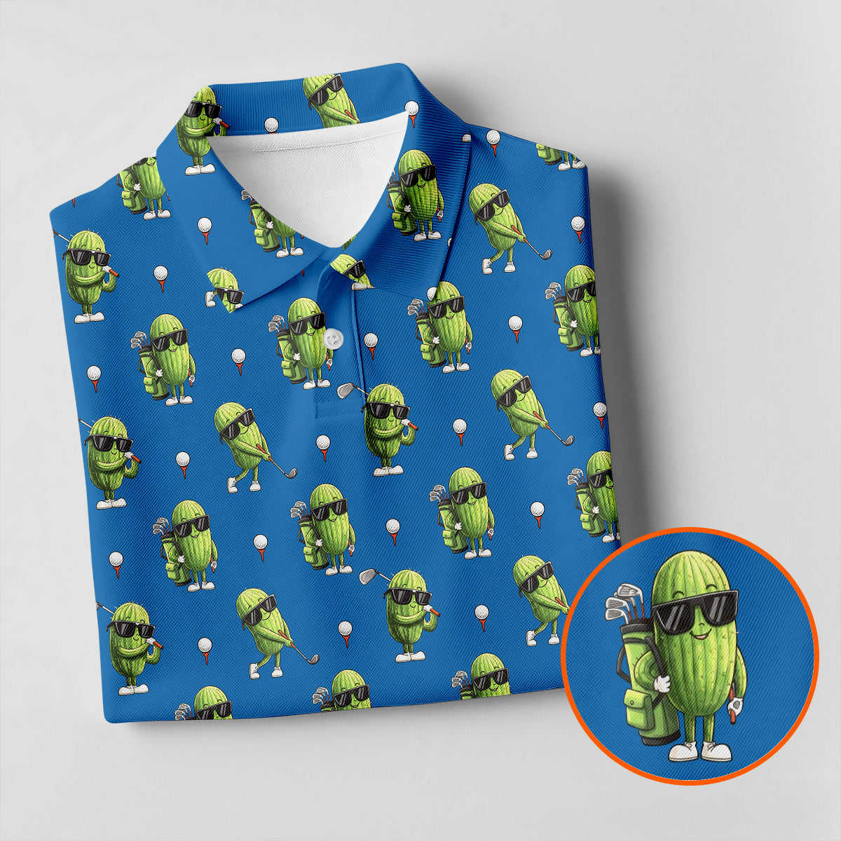 Cartoon Cactus Golfer Blue Golf Shirt, Mens Golf Polo, Golf Apparel For Men, Printed Golf Shirts