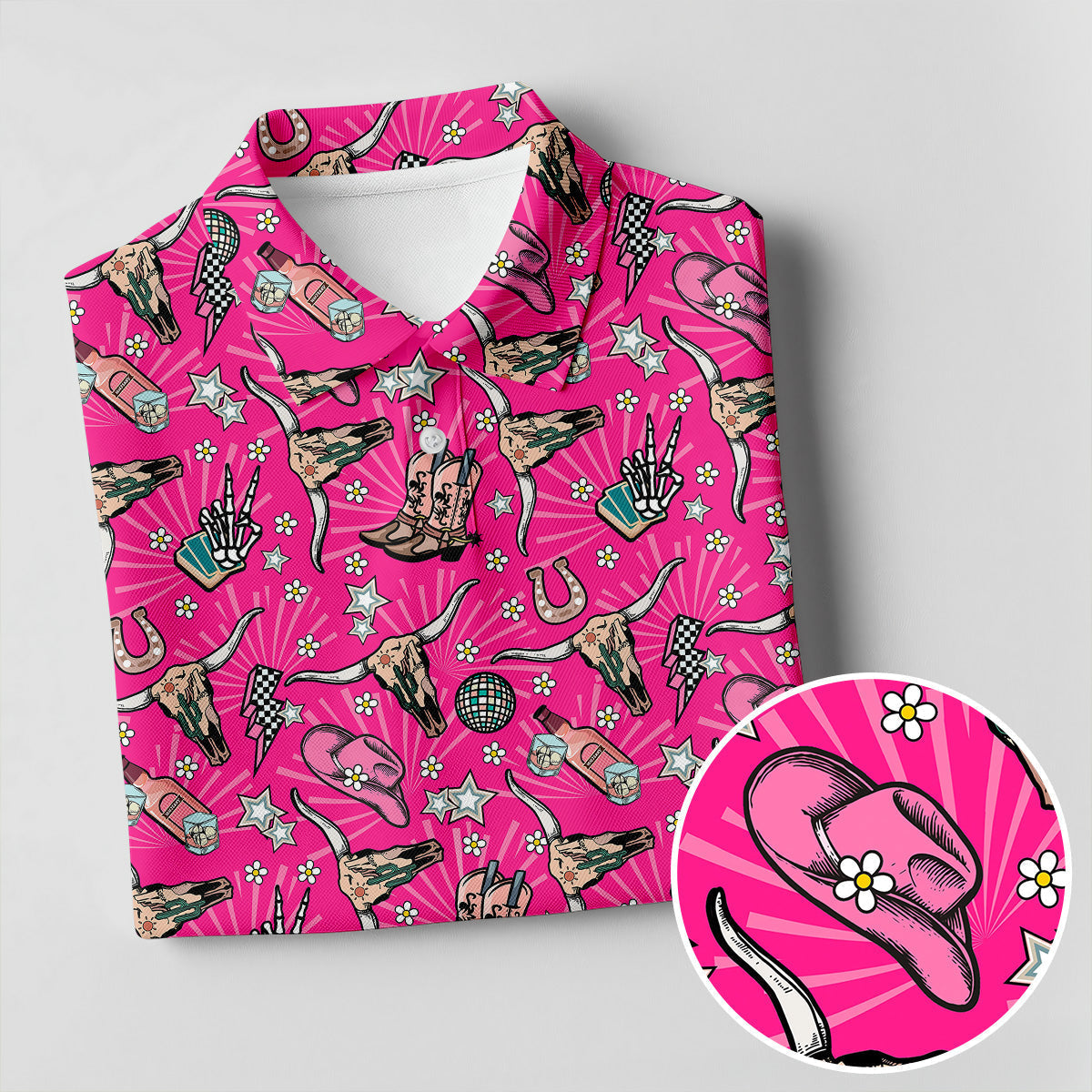 Pink Western Cowgirl Pattern Golf Polo Shirt, Golf Apparel For Men, Printed Golf Shirts