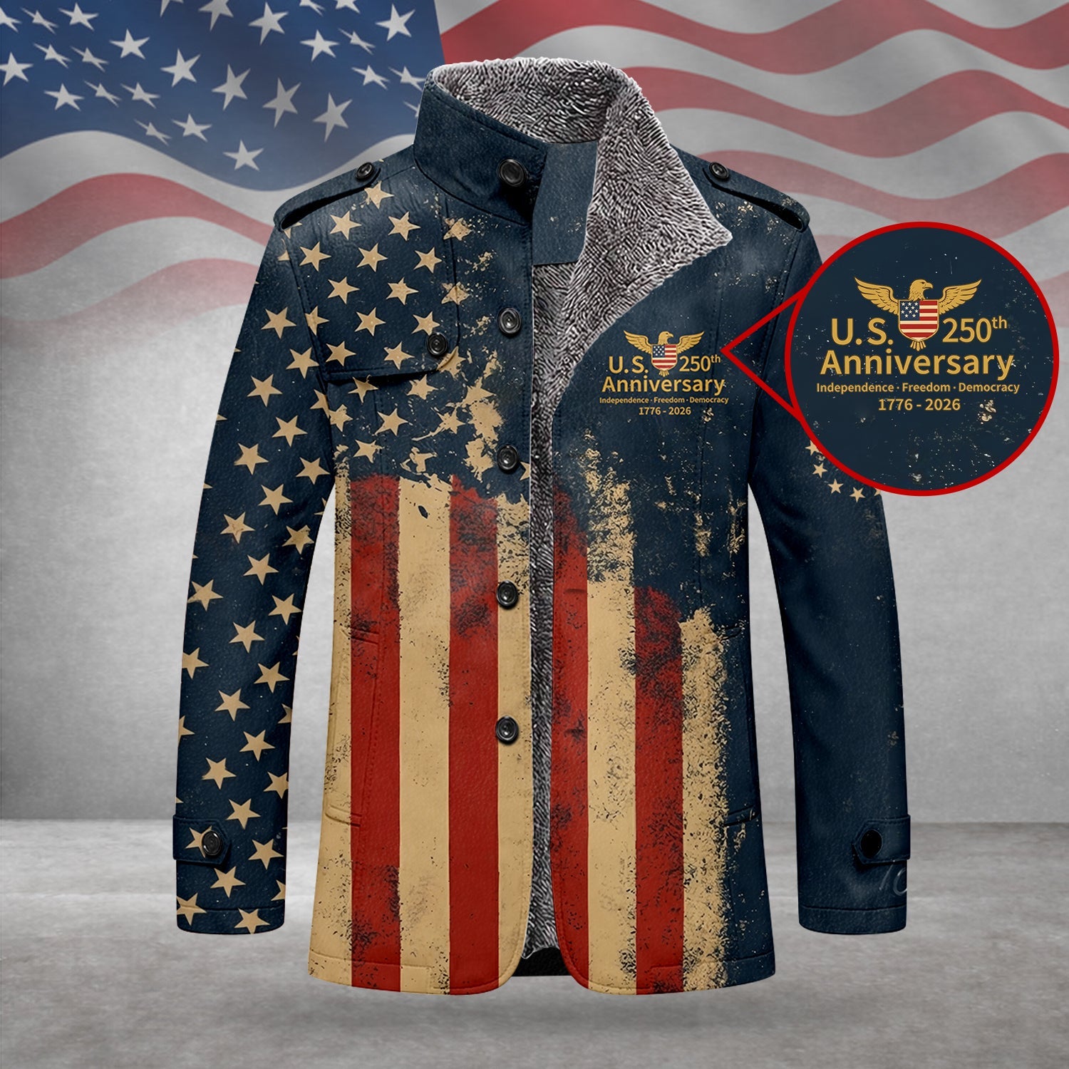 250th Anniversary Distressed Flag Men's Cold Premium Weather Jacket, Leather Trench Coat