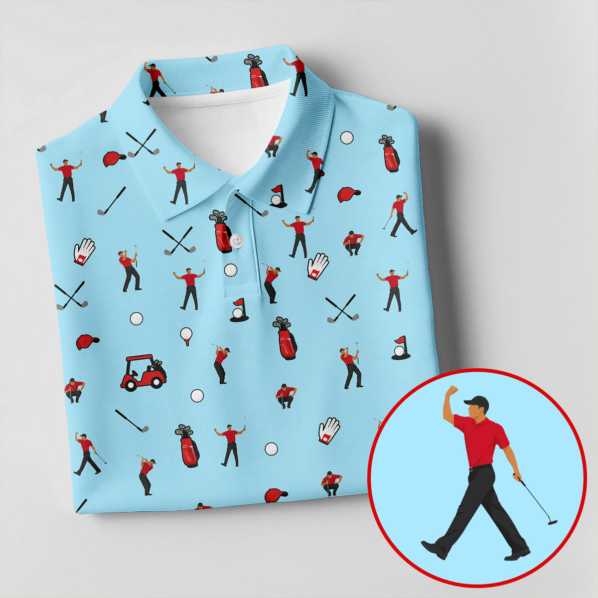 Blue Golf Player Pattern Polo Shirt, Golf Polo Shirts For Men, Printed Golf Shirts
