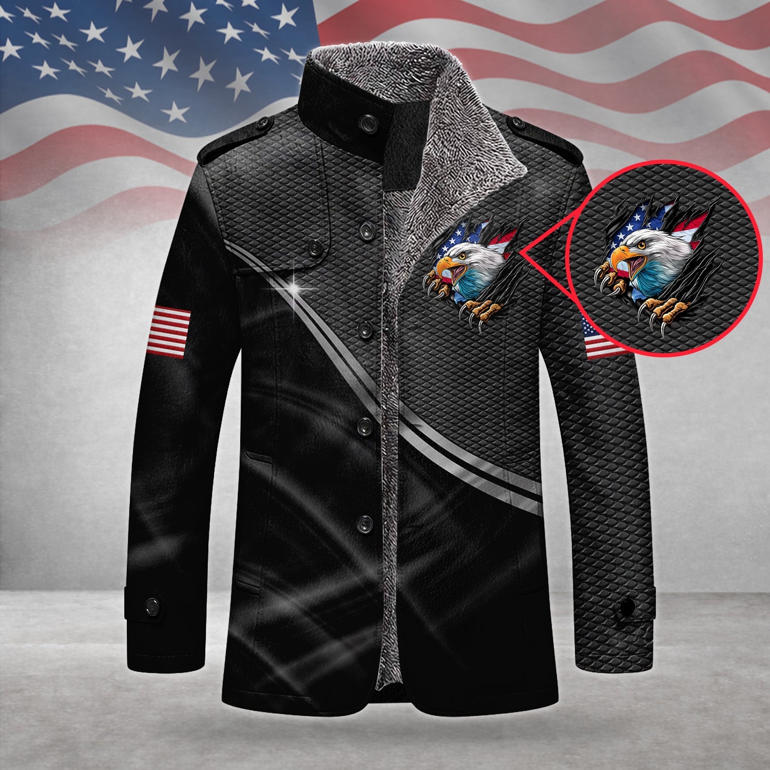 250 Years Bald Eagle And US Flag Men's Cold Premium Weather Jacket, Leather Trench Coat
