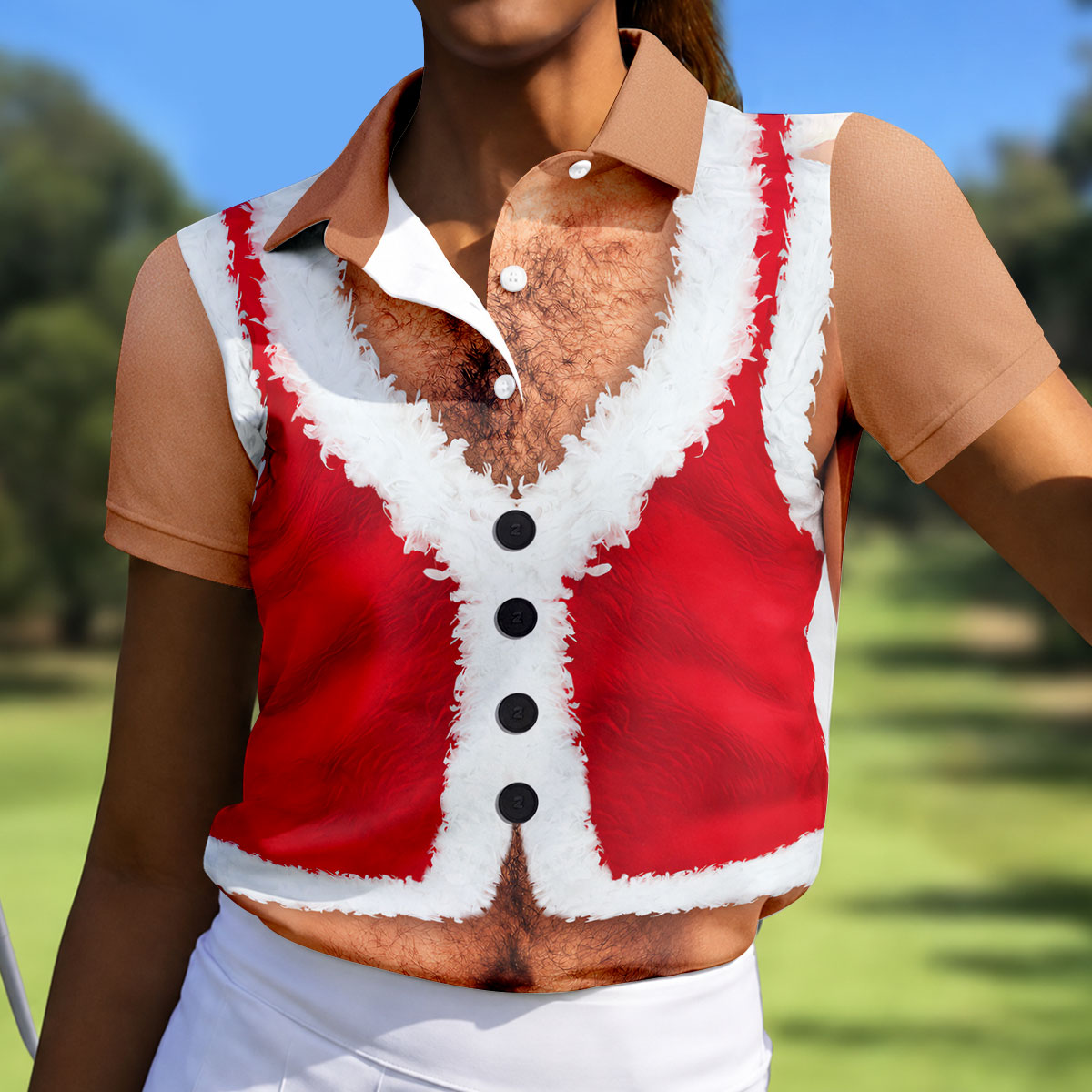 Hairy Chest Santa Print Christmas Golf Shirt, Womens Golf Tops, Golf Shirts For Women