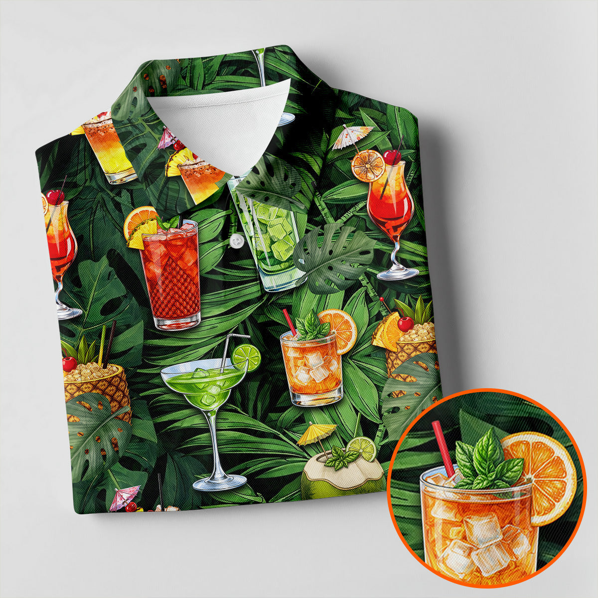 Tropical Cocktail Coconut And Palm Leaf Golf Polo, Hawaiian Golf Shirt, Mens Golf Apparel