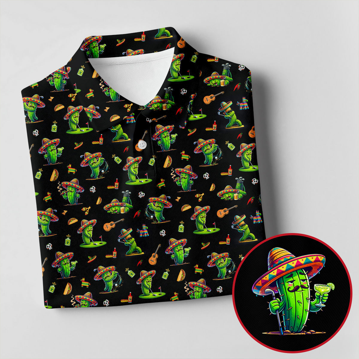 Cartoon Mustach Funny Cactus Cinco De Mayo Celebration Fiesta Themed Black Golf Shirts For Men