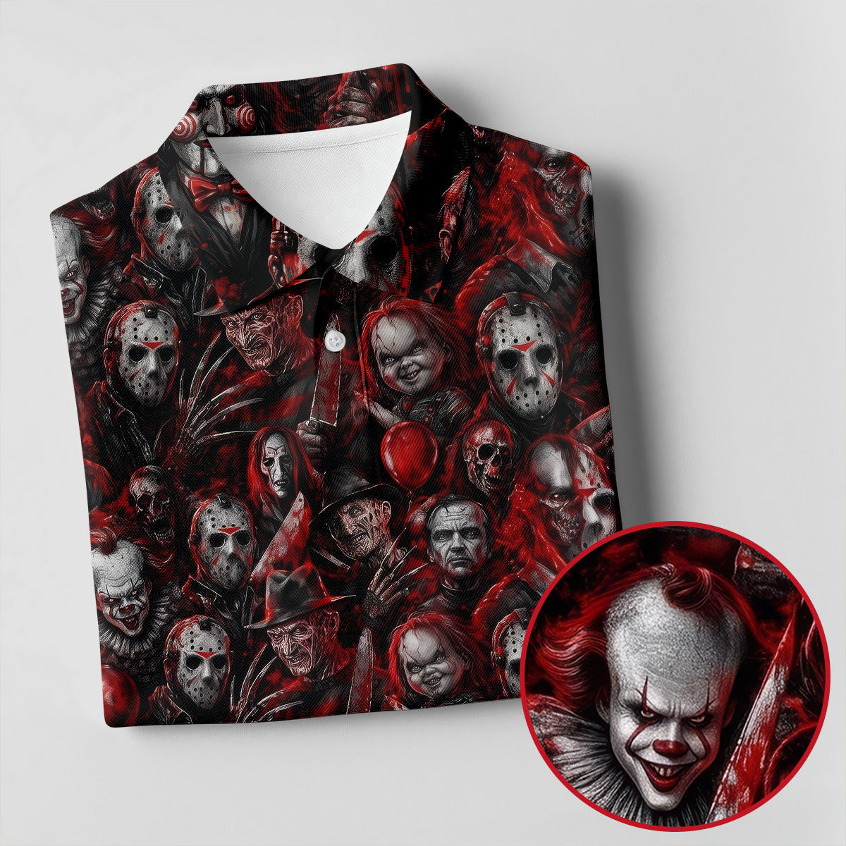Red Horror Character Clown Collage Golf Polo Shirt, Mens Golf Polo, Printed Golf Shirts