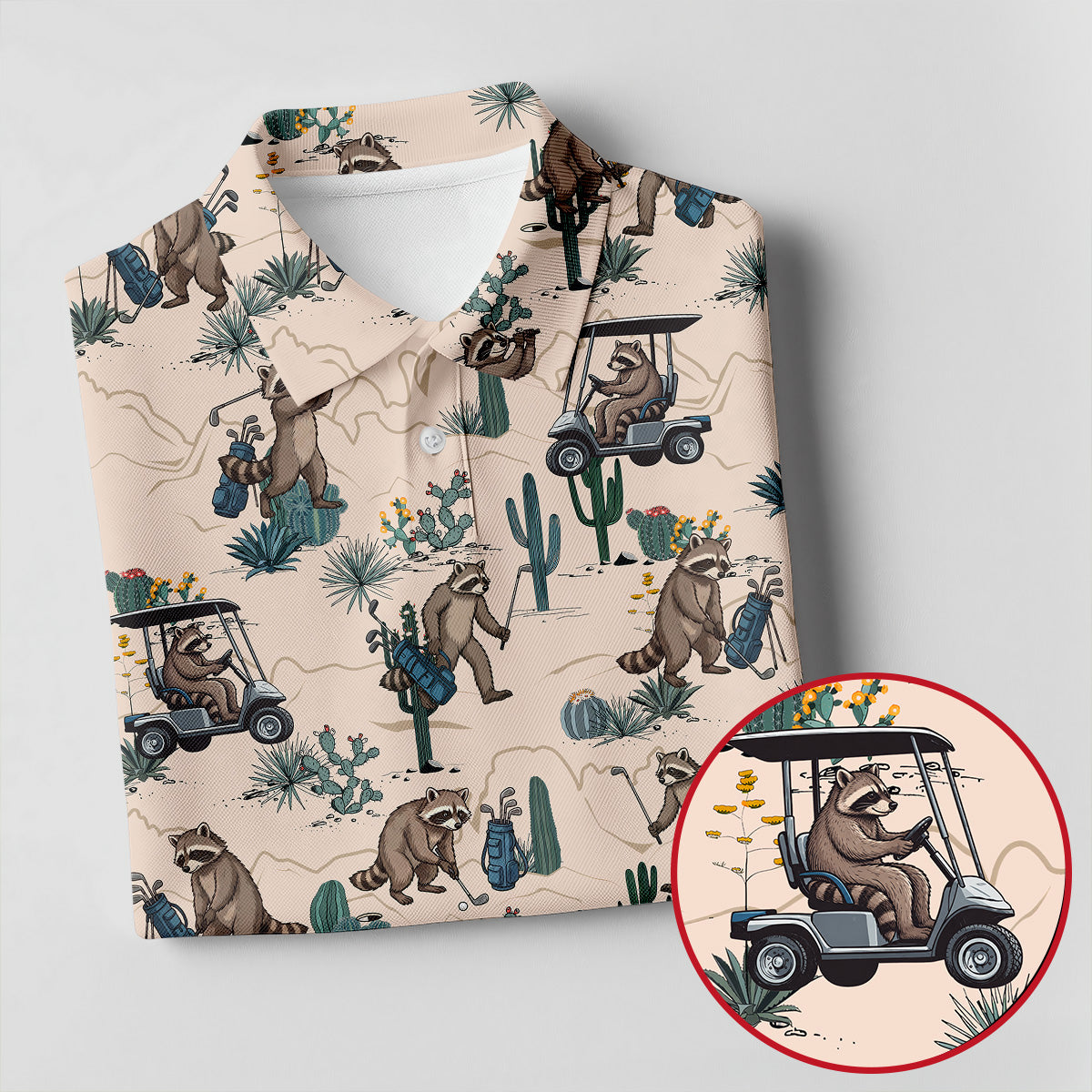 Funny Raccoon Desert Golf Pattern Polo Shirt, Mens Golf Polo, Printed Golf Shirts