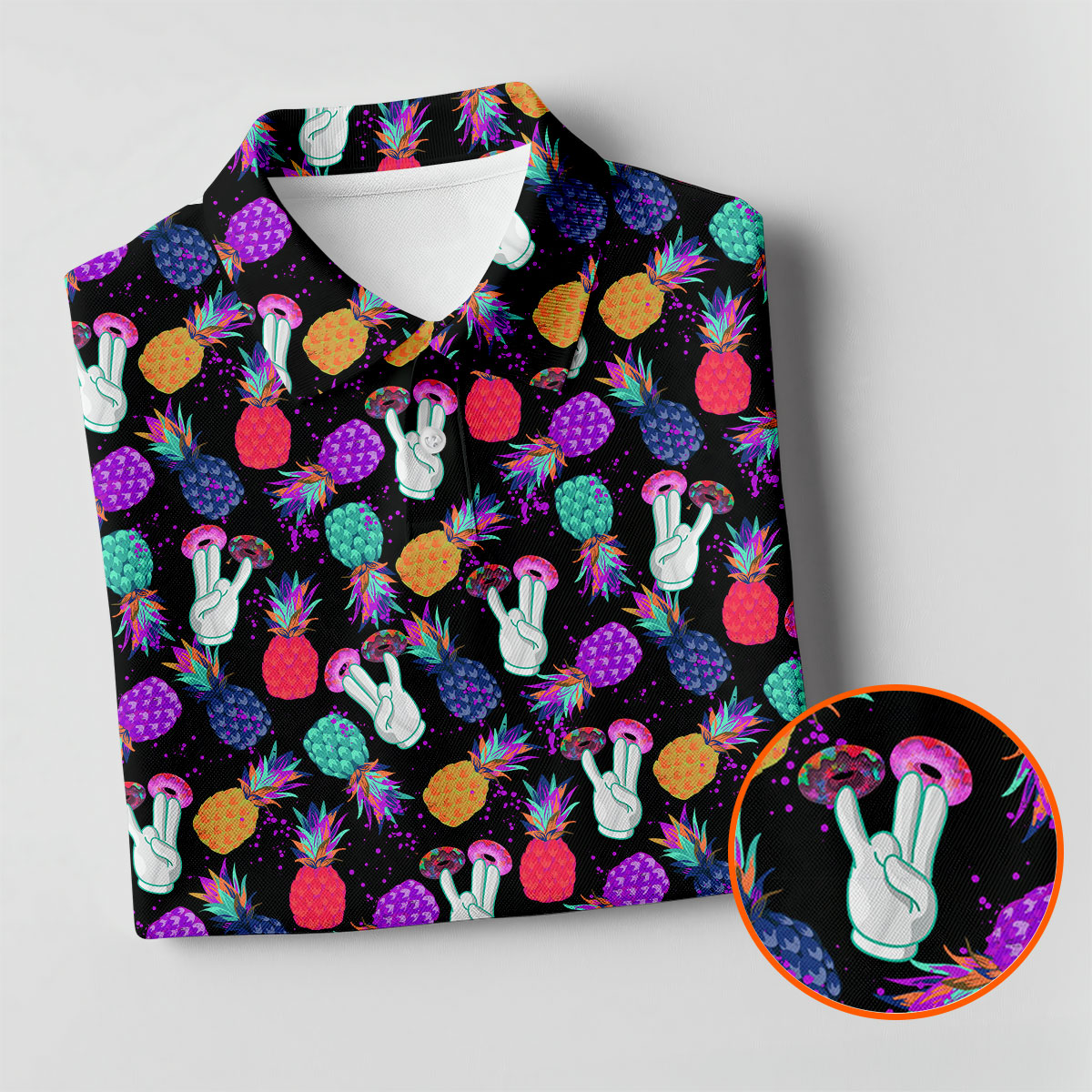 Hawaiian Pineapples Donut Finger Turquoise Orange Purple Fun Golf Shirts For Men, Polo Shirts For Men
