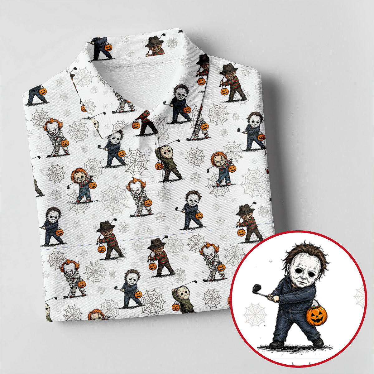Horror Character Halloween Golf Pattern Polo Shirt, Golf Shirts For Men, Hawaiian Golf Shirt