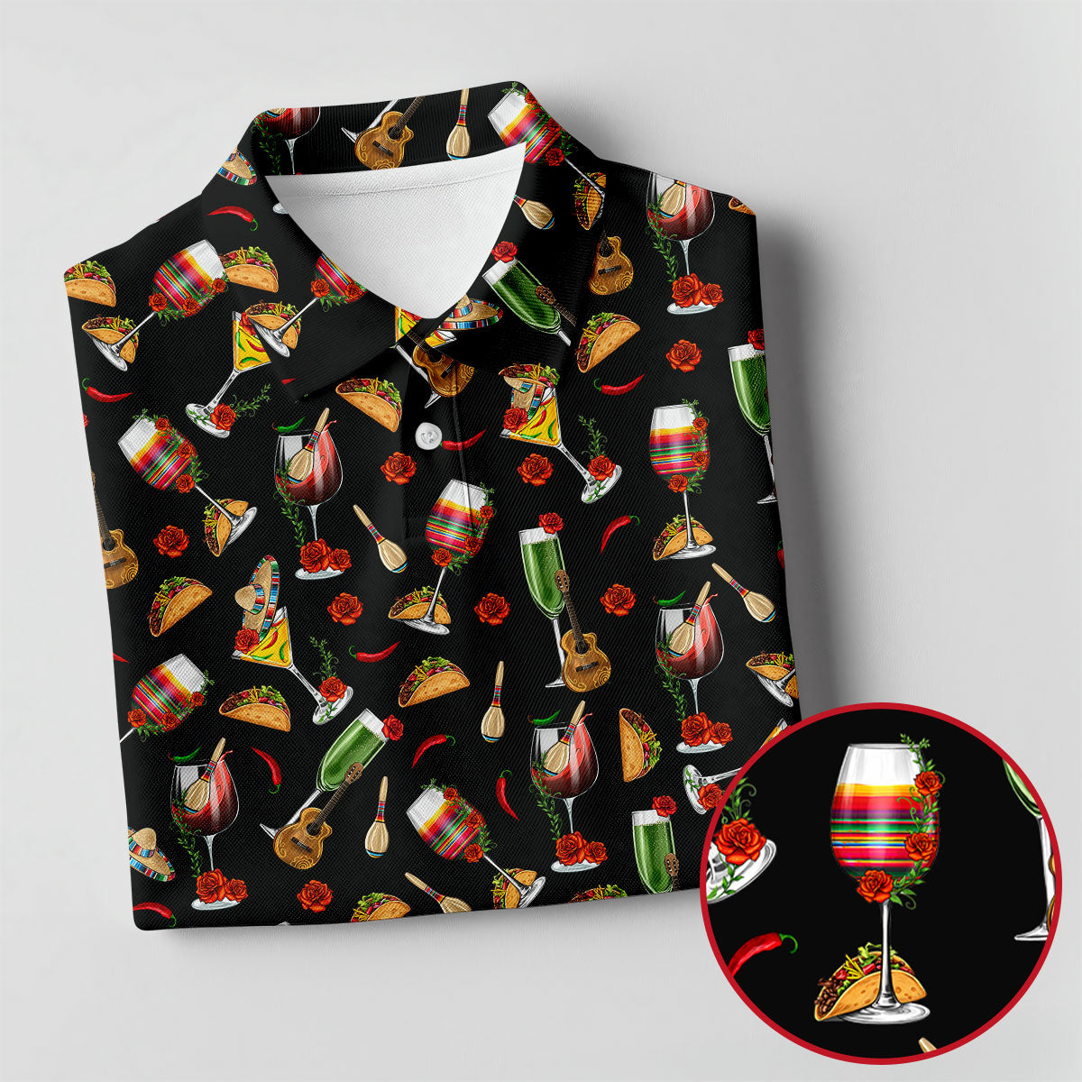 Traditional Mexican Taco And Wine Golf Tops For Men, Cinco De Mayo Celebration Golf Shirts For Men