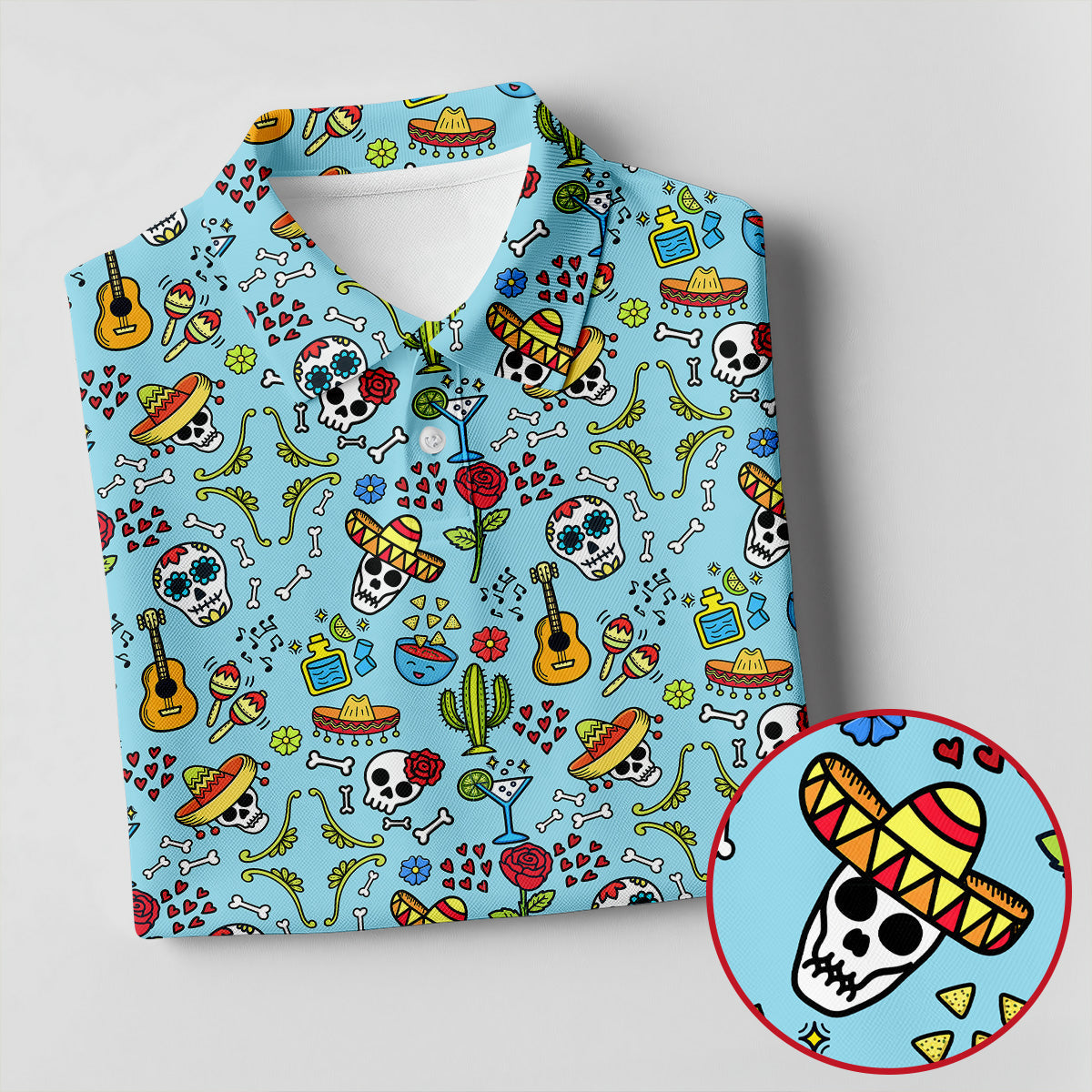 Mexican Sugar Skull Sombrero Guitar Cinco De Mayo Celebration Fiesta Themed Golf Shirts For Men