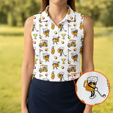 Funny Beer Mug Golfer Pattern Golf Polo Shirt, Women’s Golf Polo, Golf Shirts For Women