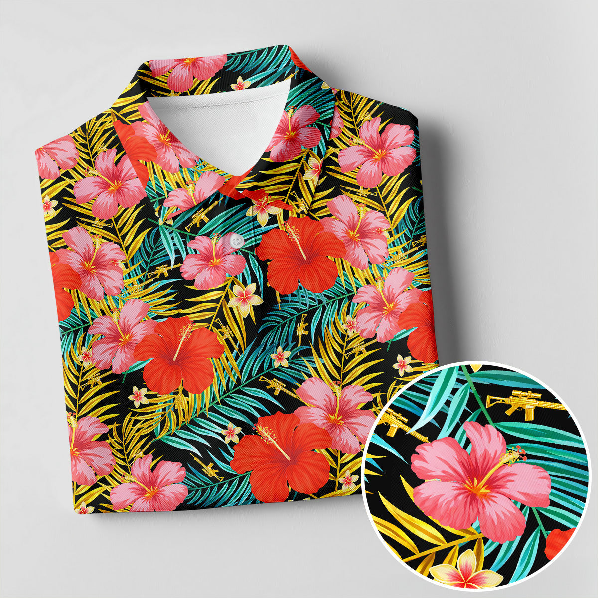 Red Hibicus Gold Palm Leaf Hawaiian Golf Shirt, Summer Theme Golf Shirt For Women