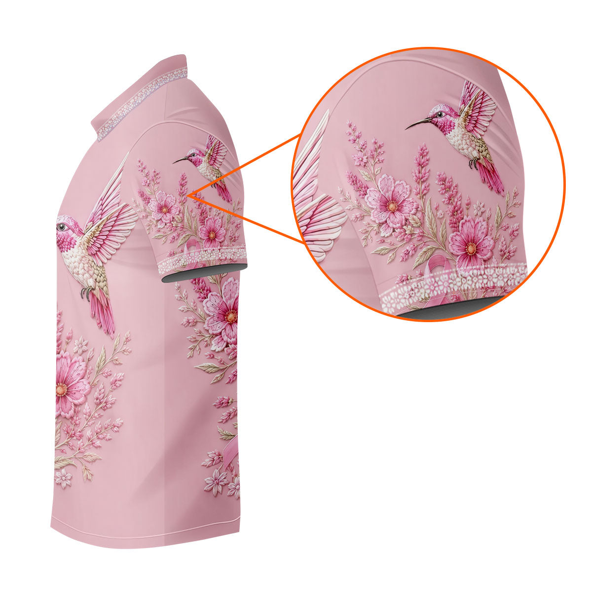 Hummingbird Floral Breast Cancer Ribbon Polo Shirt, Mens Golf Polo, Golf Apparel For Men