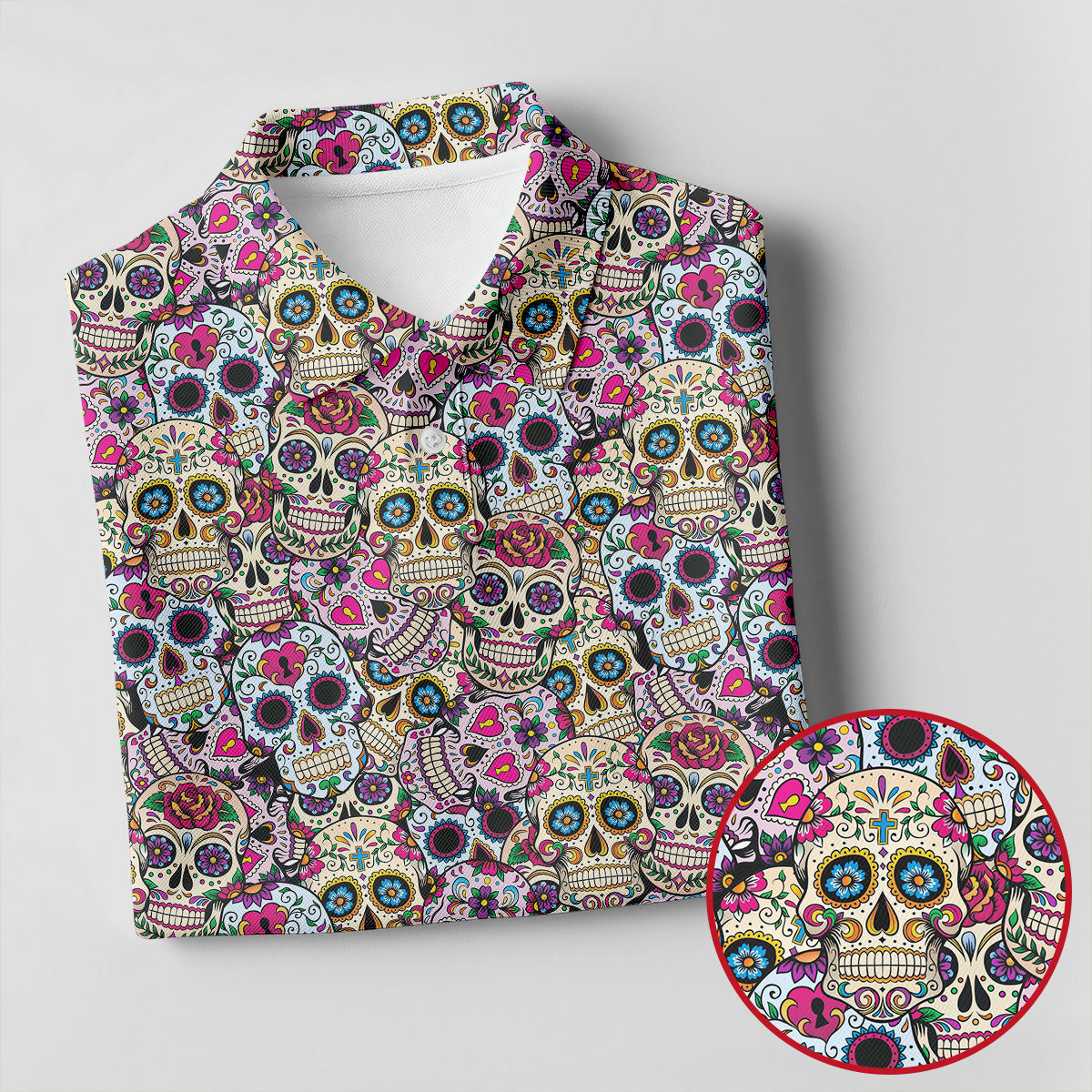 Colorful Sugar Skull Floral Golf Polo Shirt, Golf Shirts For Women, Women’s Golf Polo