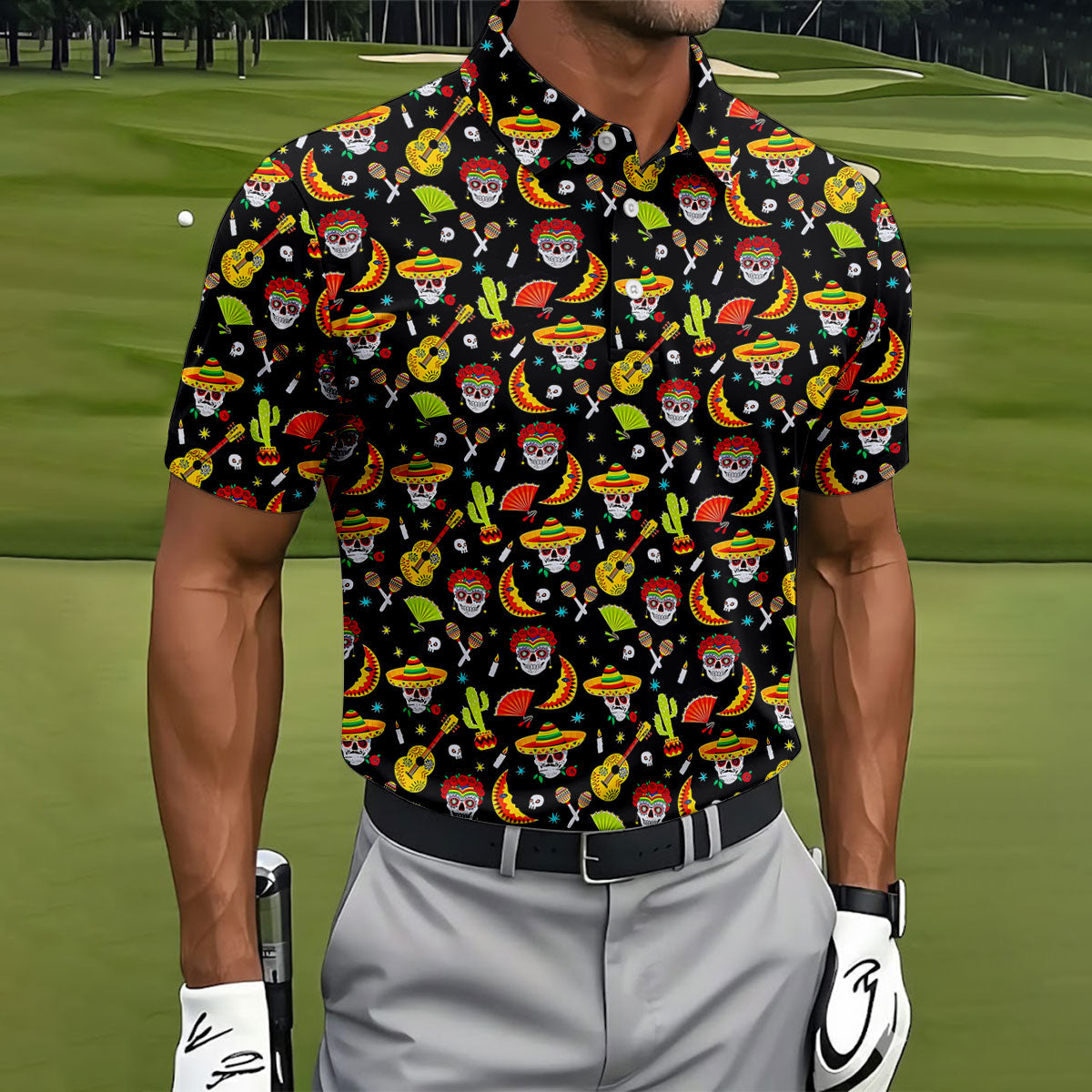 Day Of The Dead Mexican Symbols Cinco De Mayo Celebration Fiesta Themed Golf Shirts For Men