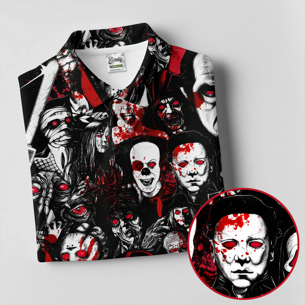 Horror Character Pattern Golf Polo Shirt, Women's Golf Apparel, Halloween Tops For Women
