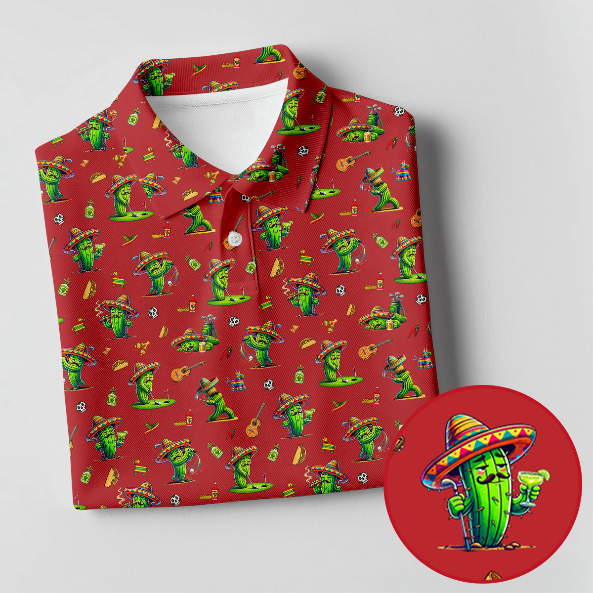 Cartoon Mustach Funny Cactus Cinco De Mayo Celebration Fiesta Themed Red Golf Shirt For Women