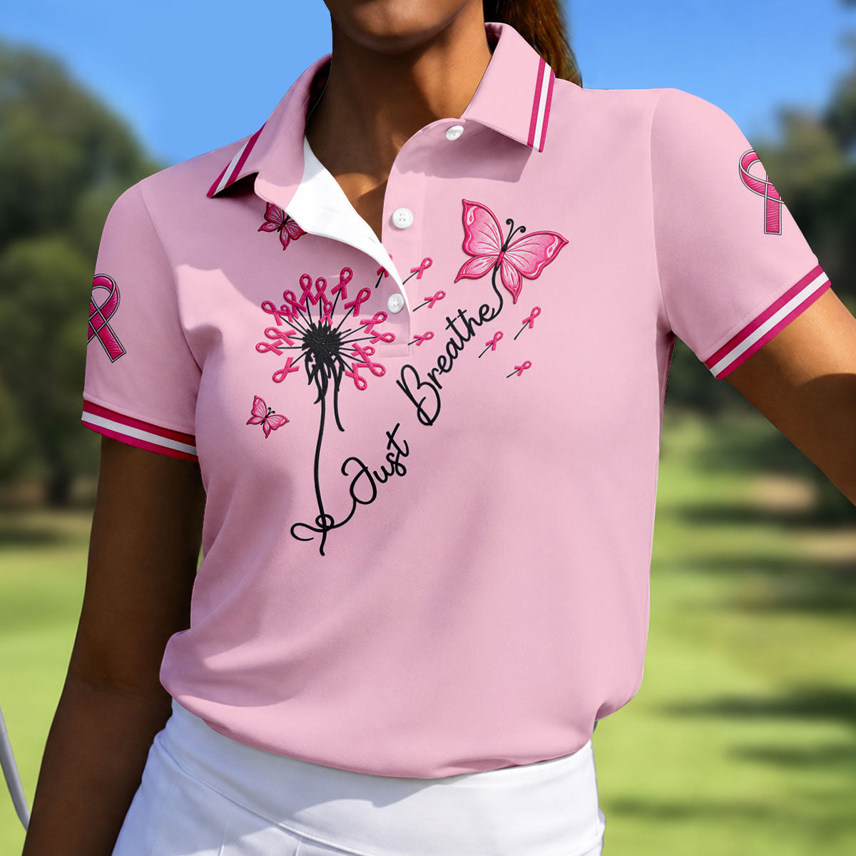 Just Breathe Butterfly Pink Ribbon Breast Cancer Polo Shirt, Golf Polo For Women