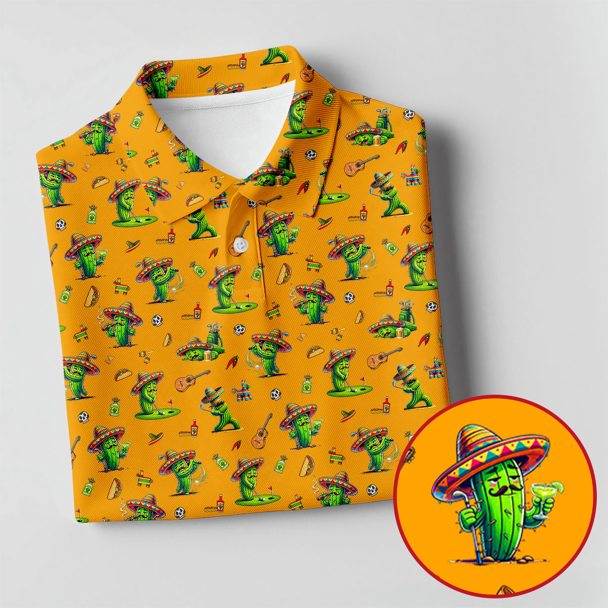 Cartoon Mustach Funny Cactus Cinco De Mayo Celebration Fiesta Themed Orange Golf Shirts For Men