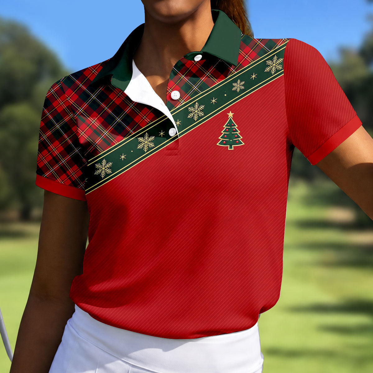 Red Plaid Snowflake Tree Christmas Golf Shirt, Womens Golf Tops, Ladies Golf Shirts