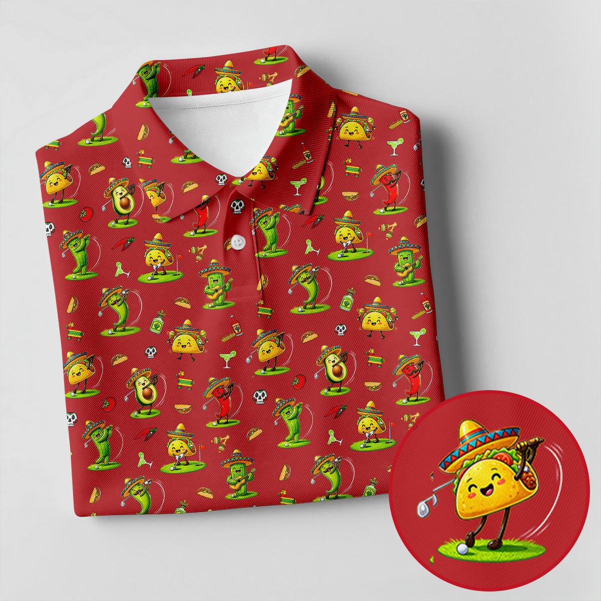 Mexican Cartoon Food Characters Cinco De Mayo Celebration Fiesta Themed Red Golf Shirts For Men