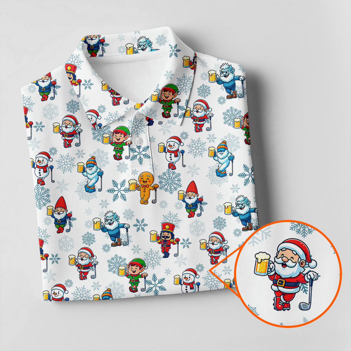 Christmas Characters Golf And Beer White Men's Funny Golf Shirts, Christmas Golf Shirt, Polo Shirts For Men