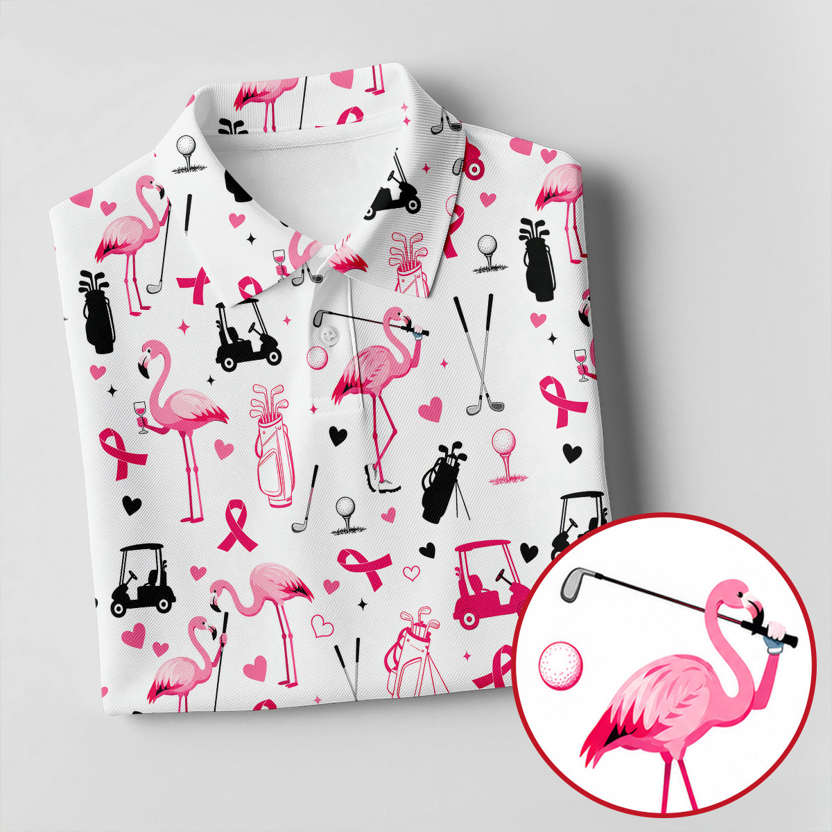 Pink Flamingo Golf Pattern Breast Cancer Polo Shirt, Hawaiian Shirts For Men, Mens Golf Polo