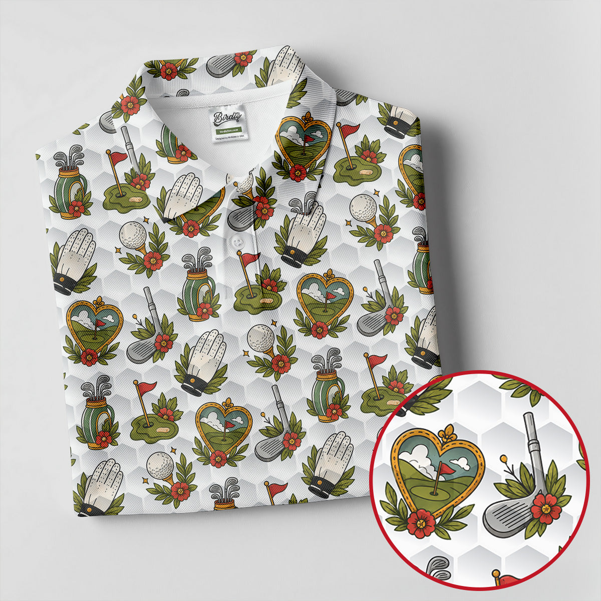 Floral Golf Club Pattern White Hawaiian Golf Shirt, Women's Golf Tops, Golf Polo For Women