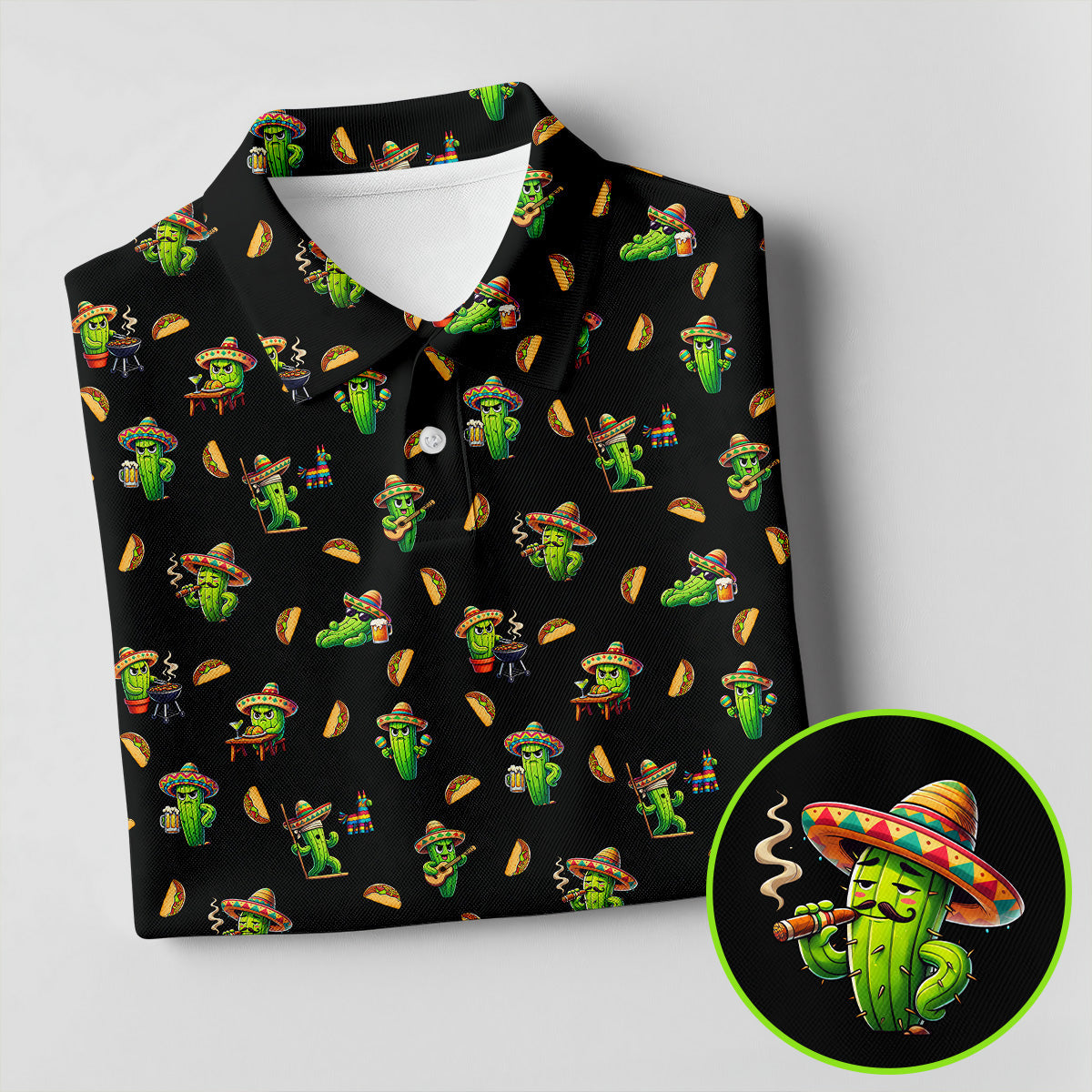 Mexican Mustach Funny Cactus Cinco De Mayo Celebration Fiesta Themed Golf Shirts For Men