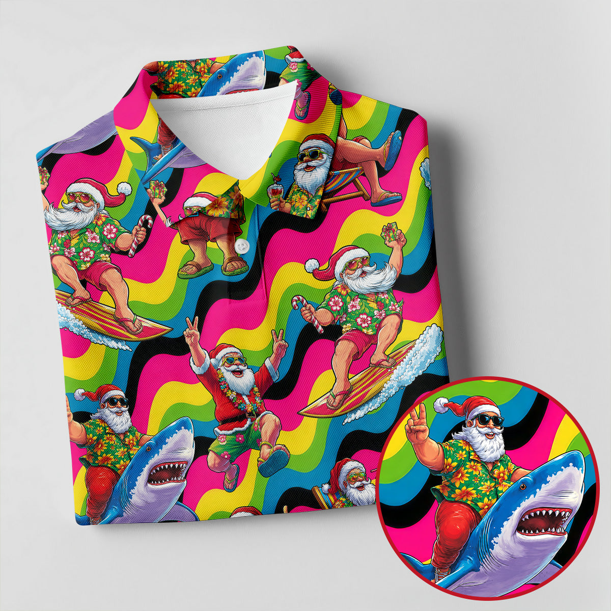 Funny Surfing Santa Riding Shark Hawaiian Golf Shirt, Christmas Golf Shirt, Golf Polo Shirts For Men