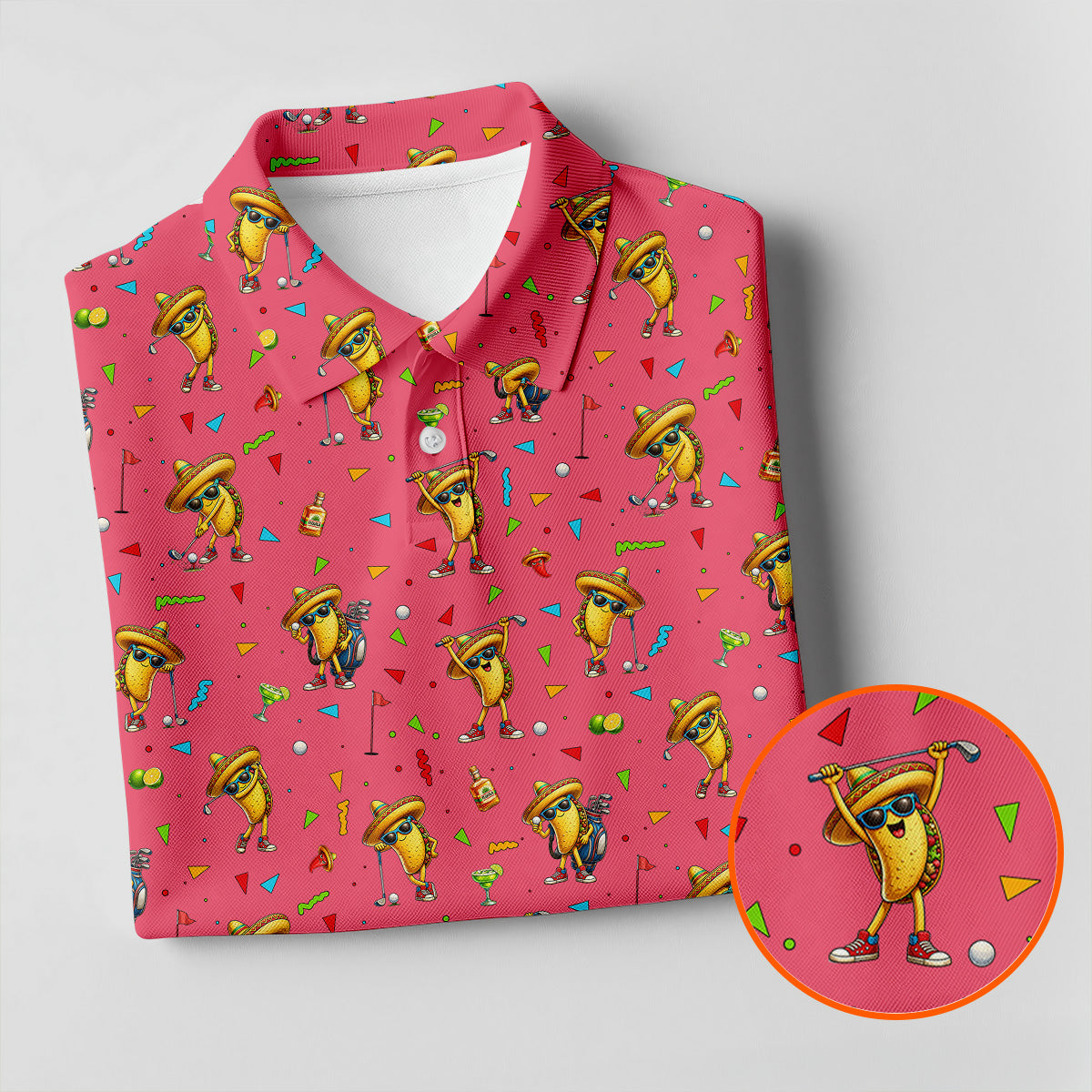 Fairway Fiesta Taco Margarita Mexico Theme Pink Golf Shirt, Men's Golf Shirts, Polo Shirts For Men