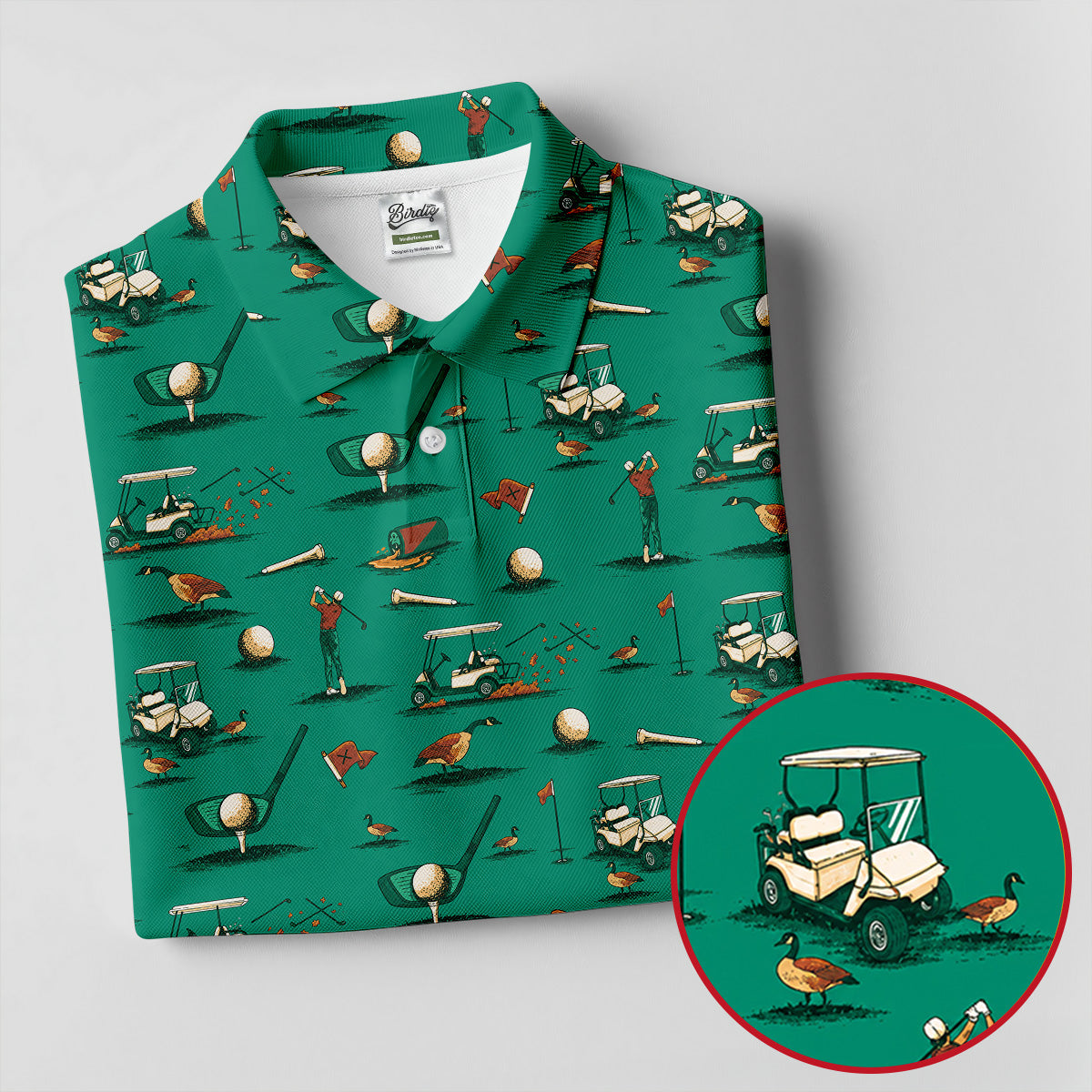 Funny Goose Golf Cart Pattern Green Polo Shirt, Womens Golf Tops, Golf Polo For Women