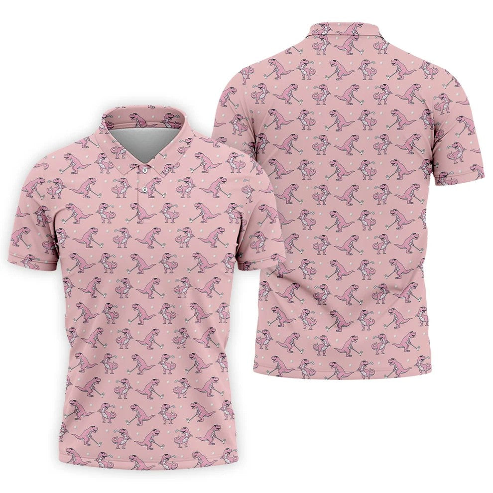 Pink T-Rex Dinosaur Golfer Pattern Golf Polo Shirt, Golf Shirts For Men, Mens Golf Apparel