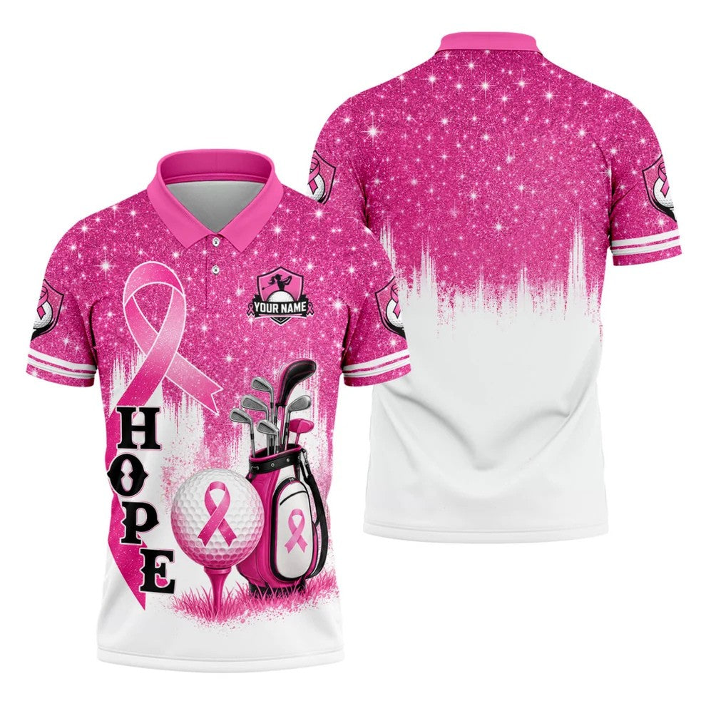 Custom Female Golfer Hope Breast Cancer Polo Shirt, Golf Shirts For Men, Mens Golf Apparel