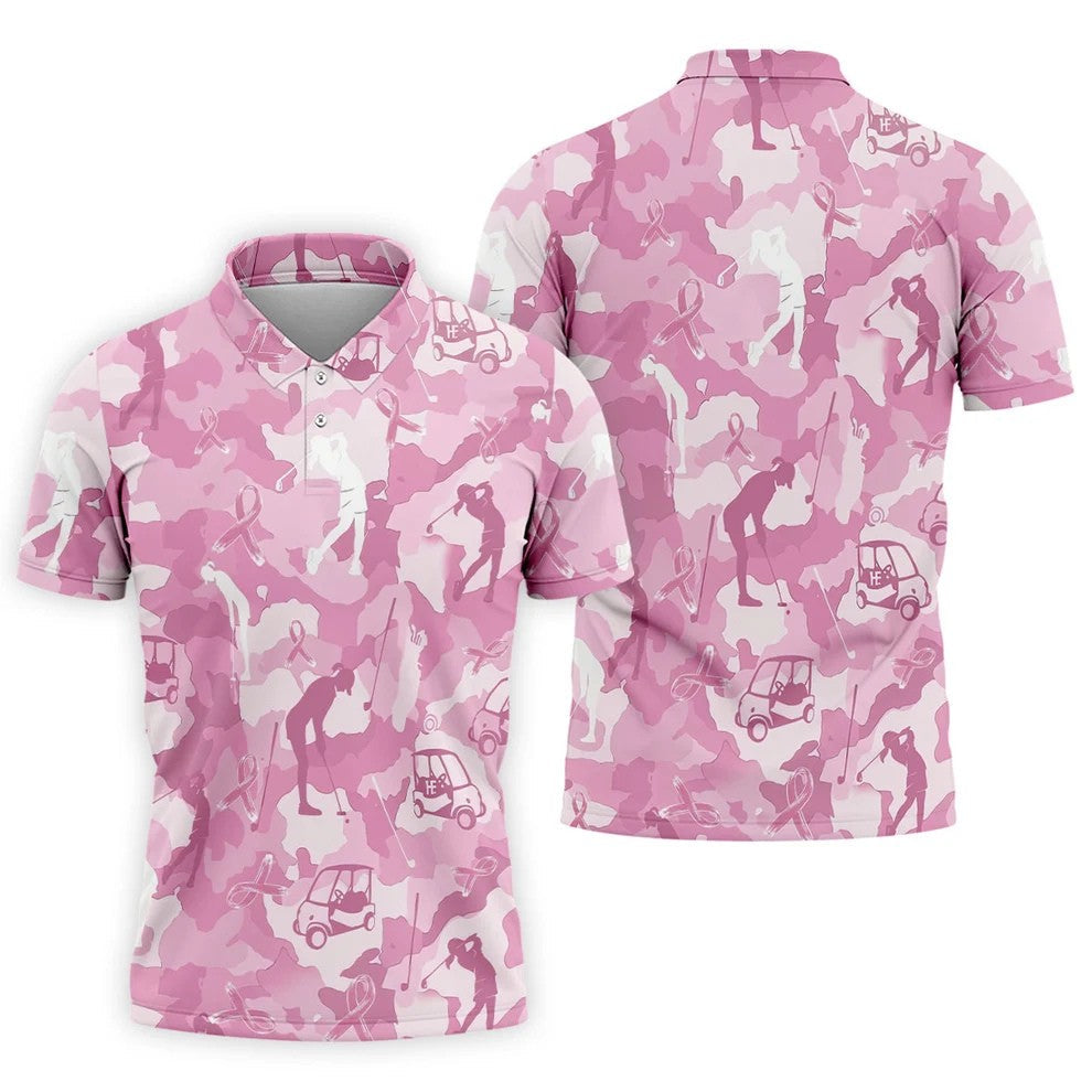 Pink Camo Golfer Breast Cancer Ribbon Polo Shirt, Golf Shirts For Men, Mens Golf Apparel