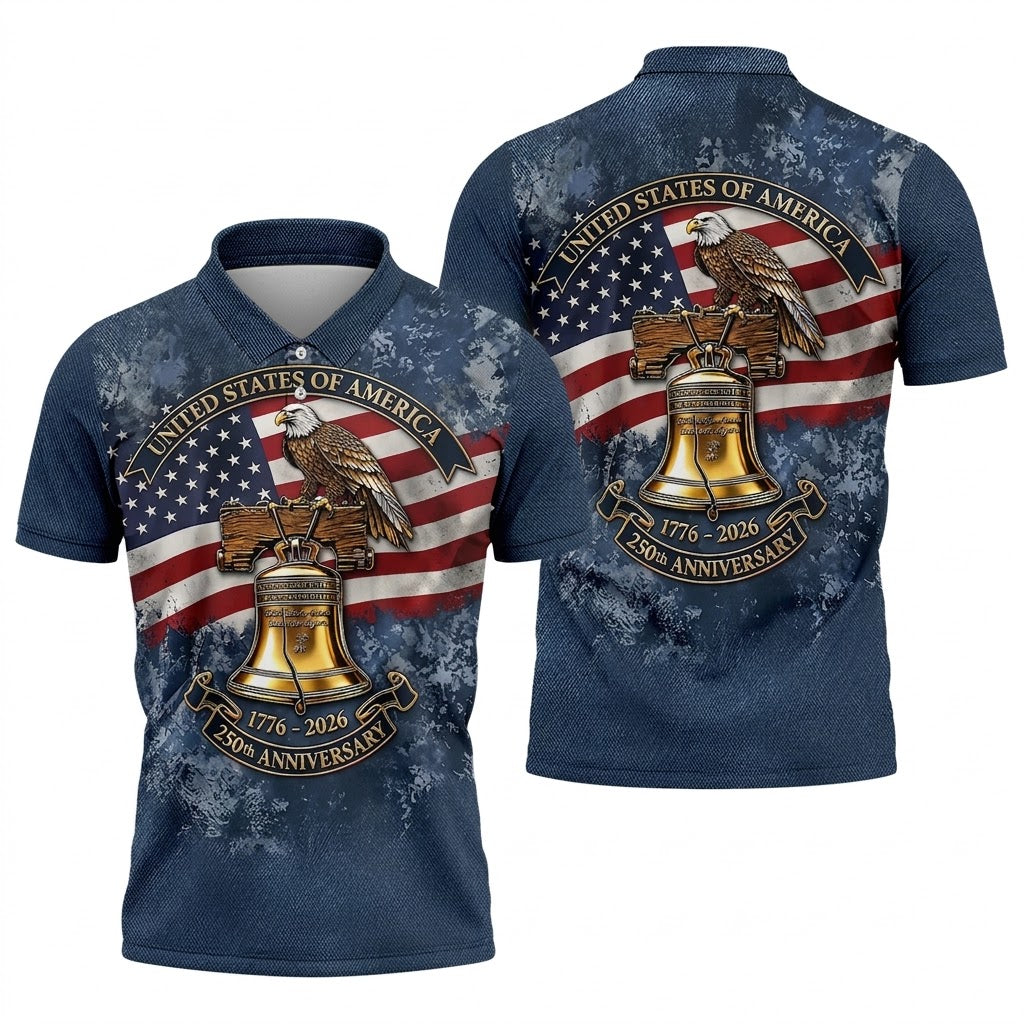 Patriotic Bald Eagle Liberty Bell Distressed Golf Shirt, 250 Years 4th Of July Golf Shirts For Men
