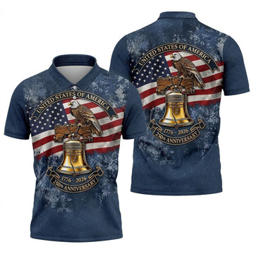 Patriotic Bald Eagle Liberty Bell Distressed Golf Shirt, 250 Years 4th Of July Golf Shirts For Men