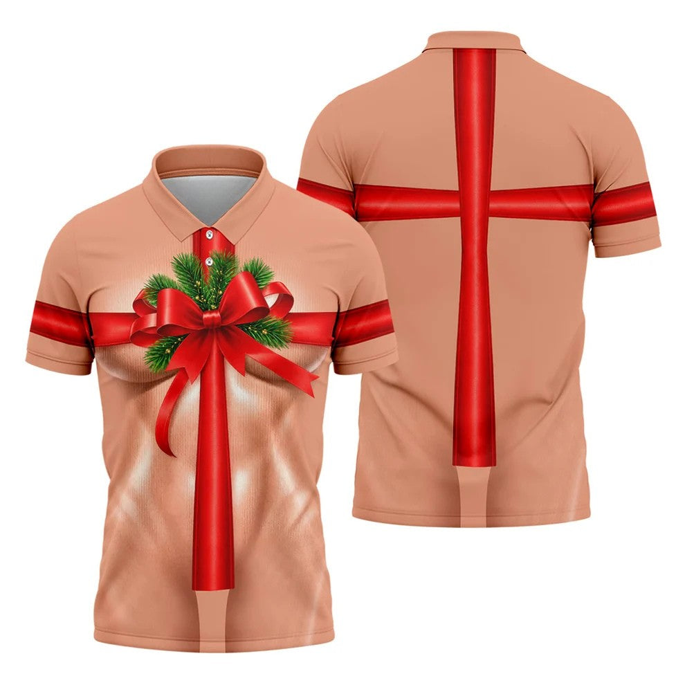 Christmas Red Bow Gift Golf Polo Shirt, Printed Golf Shirts, Polo Shirts For Men