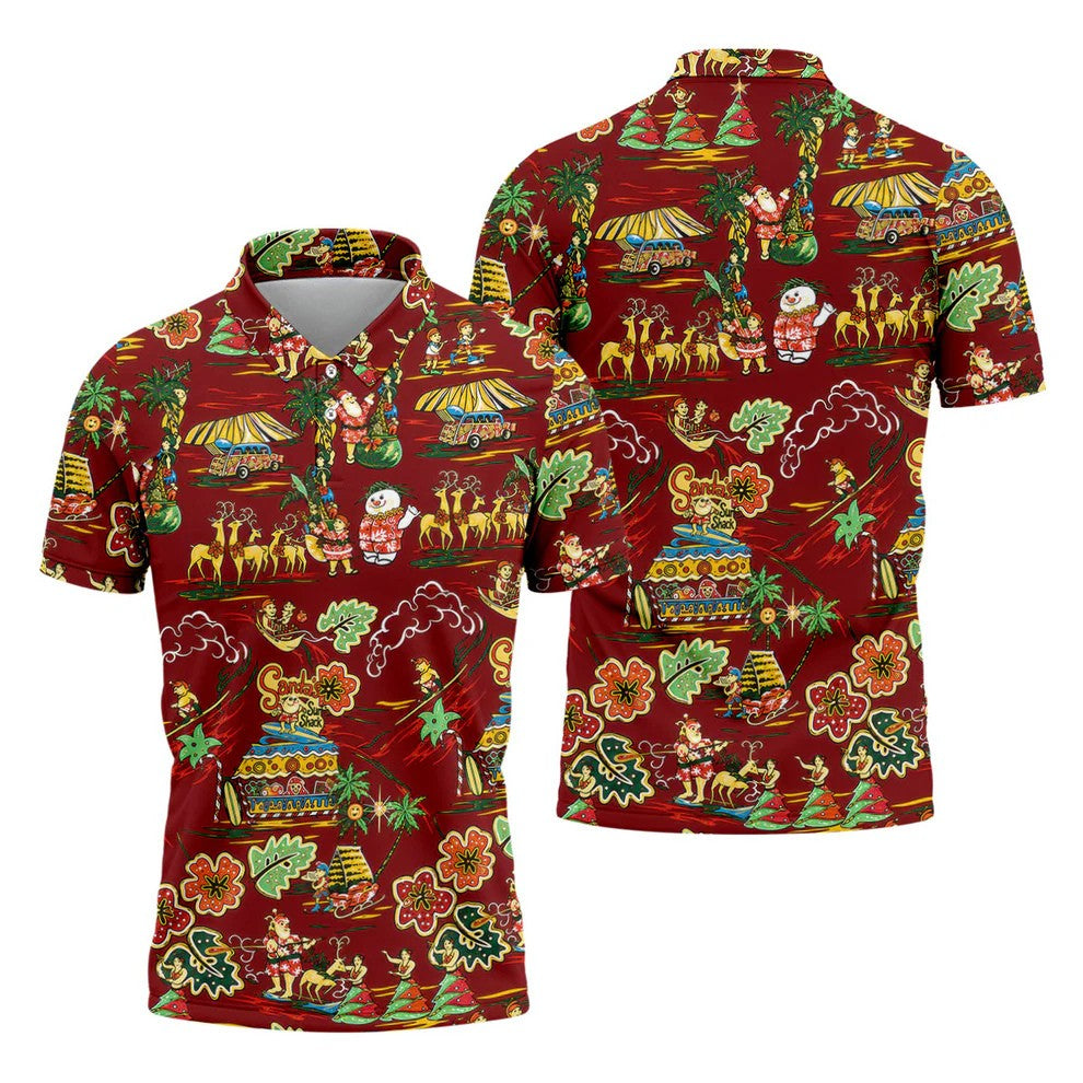 Men's Tropical Santa Surf Shack Golf Shirt, Christmas Golf Shirt, Golf Apparel For Men