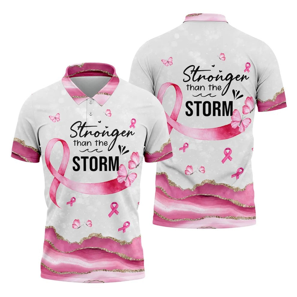 Stronger Than The Storm Breast Cancer Polo Shirt, Men's Golf Shirt, Printed Golf Shirts