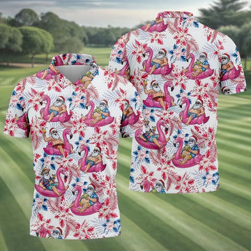 Funny Tropical Santa Flamingo Christmas Polo Shirt, Mens Golf Polo, Hawaiian Golf Shirt