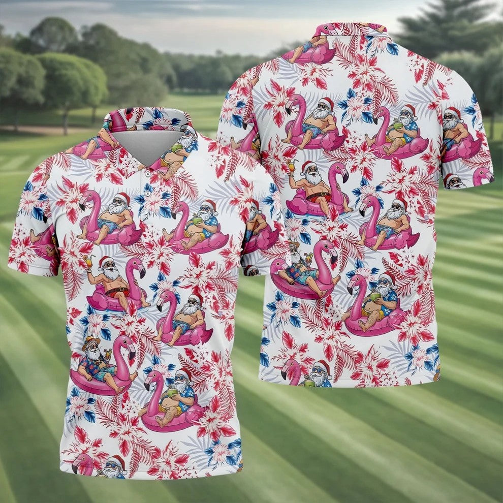 Funny Tropical Santa Flamingo Christmas Polo Shirt, Mens Golf Polo, Hawaiian Golf Shirt