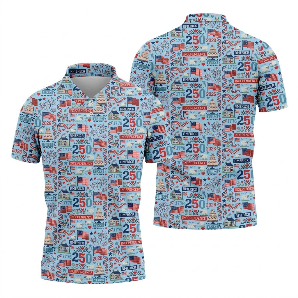 America Independence 250 Years Blue Golf Shirt, Patriotic 4th Of July Golf Shirts For Men