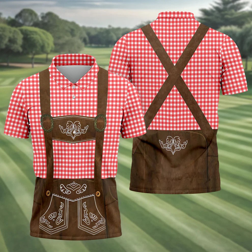 Red Oktoberfest Lederhosen Illusion Sleeveless Golf Polo, Mens Golf Polo, Printed Golf Shirts