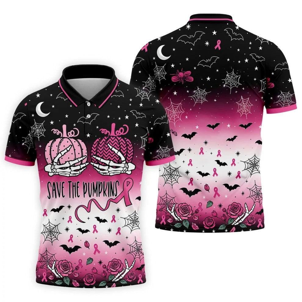 Save The Pumpkins Halloween Breast Cancer Polo Shirt, Mens Golf Polo, Mens Golf Shirts