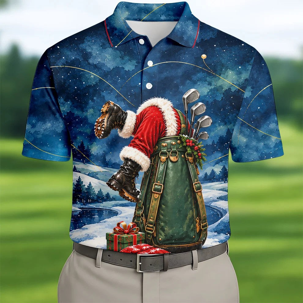 Blue Santa Diving Golf Bag Christmas Golf Shirt, Mens Golf Apparel, Mens Golf Shirts