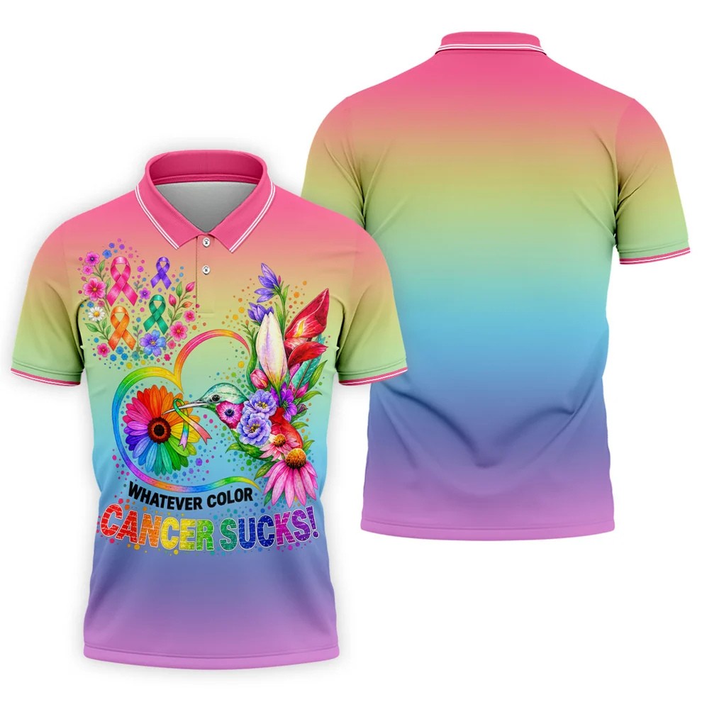 Whatever Color Cancer Sucks Hummingbird Polo Shirt, Mens Golf Polo, Men's Golf Shirt