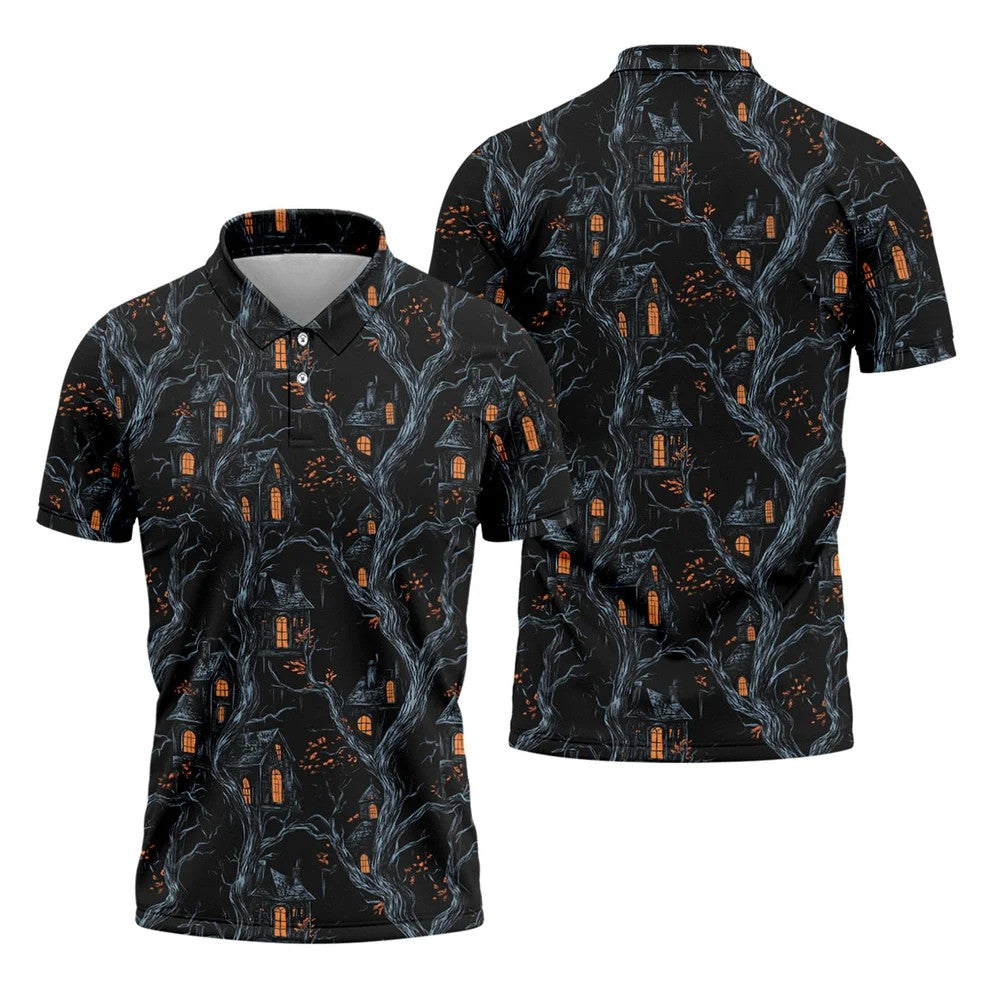 Haunted House Halloween Golf Tops For Men, Black Golf Polo ShirtGolfing Apparel, Polo For Men